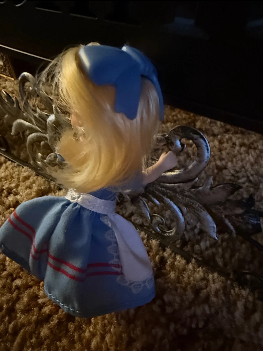 Blonde Girl Play Doll in Blue and White Dress by